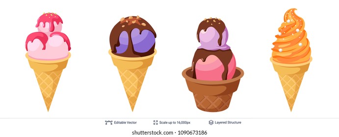 Ice cream refreshing desserts set. Balls and soft ice cream in waffle cup and cone. Easy to combine and recolor vector objects.