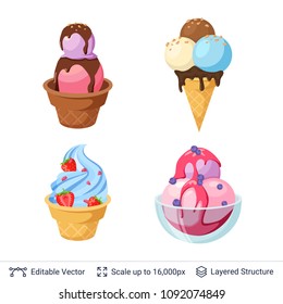 Ice cream refreshing desserts set. Balls and soft ice cream in glass bowl and waffle cup. Easy to combine and recolor vector objects.