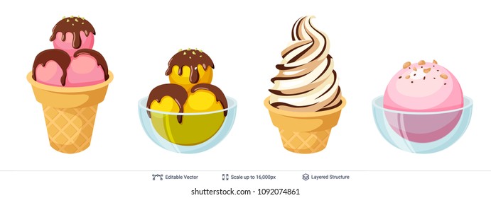 Ice cream refreshing desserts set. Balls and soft ice cream in glass bowl and waffle cup. Easy to combine and recolor vector objects.