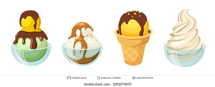 Ice cream refreshing desserts set. Balls and soft ice cream in glass bowl and waffle cup. Easy to combine and recolor vector objects.