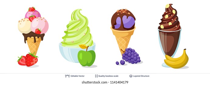 Ice cream refreshing desserts set. Balls and soft ice cream in glass bowl and waffle cup. Easy to combine and recolor vector objects.