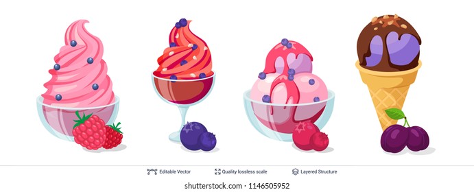 Ice cream refreshing desserts set. Balls and soft ice cream in glass bowl and waffle cup. Easy to combine and recolor vector objects.