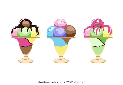 Ice cream refreshing desserts set. Balls and soft ice cream in glass bowl. Easy to combine and recolor vector objects