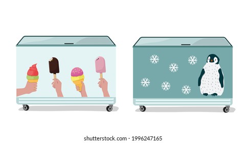 Ice cream refrigeration equipment for supermarkets, shops, cafes and restaurants.  A freezer, a showcase for storing ice cream. Vector illustration isolated on a white background.