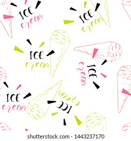 Ice Cream repeat seamless pattern. Sweets texture, icecream stick and cones background. Vector illustration.