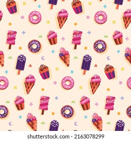 Ice Cream repeat seamless pattern. Sweets texture, icecream stick and cones background. Vector illustration.