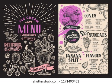 Ice cream restaurant menu on blackboard background vector dessert food flyer for bar and cafe design template with vintage hand-drawn illustrations