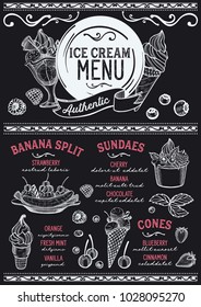 Ice cream restaurant menu. Vector dessert food flyer for bar and cafe. Design template with vintage hand-drawn illustrations.