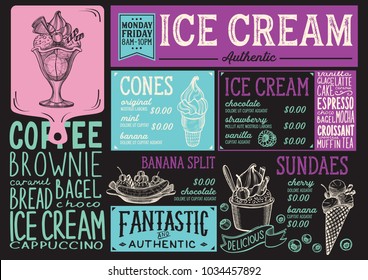 Ice cream restaurant menu. Vector dessert food flyer for bar and cafe. Design template with vintage hand-drawn illustrations.