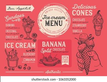 Ice cream restaurant menu. Vector dessert food flyer for bar and cafe. Design template with vintage hand-drawn illustrations.