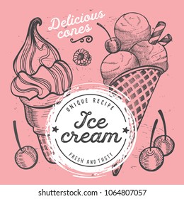 Ice cream restaurant menu. Vector dessert food flyer for bar and cafe. Design template with vintage hand-drawn illustrations.