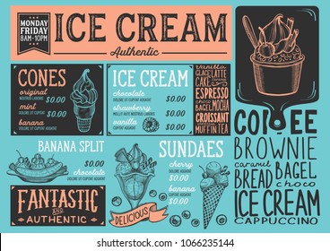 Ice Cream Restaurant Menu. Vector Dessert Food Flyer For Bar And Cafe. Design Template With Vintage Hand-drawn Illustrations.