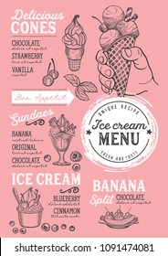 Ice cream restaurant menu. Vector dessert food flyer for bar and cafe. Design template with vintage hand-drawn illustrations.