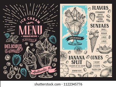 Ice cream restaurant menu. Vector dessert food flyer for bar and cafe. Design template with vintage hand-drawn illustrations on blackboard background.