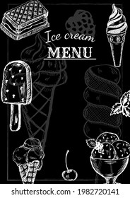 Menú de restaurante helado. Volante de comida de postre vectorial para bar y cafetería. Plantilla de diseño con ilustraciones pintadas a mano.