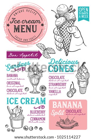 Ice cream restaurant menu. Vector dessert food flyer for bar and cafe. Design template with vintage hand-drawn illustrations.