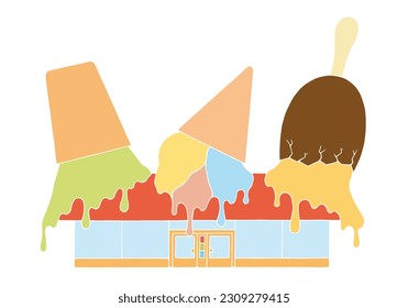 An ice cream restaurant on the roof of which is decorated with upside-down and half-melted ice cream. Hand Drawn. Freehand drawing. Doodle. Sketch. Outline.	