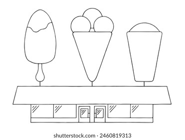 An ice cream restaurant on the roof of which is decorated with ice cream. Hand Drawn. Freehand drawing. Doodle. Sketch. Outline.
