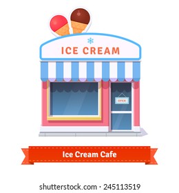 Ice cream restaurant and shop building facade. Flat style illustration or icon. EPS 10 vector.