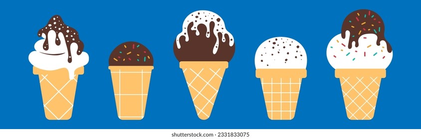 Ice cream in retro 90s style. Aesthetics of the 2000s. Ice cream in a waffle cup. Chocolate and white ice cream set. Futuristic simple illustration. Minimalism.