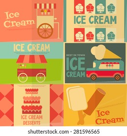 Ice Cream Retro Mini Posters Collection in Flat Design Style. Vector Illustration.