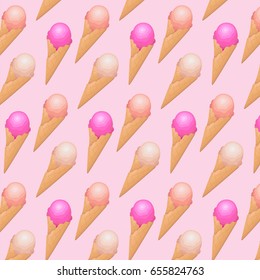 Ice cream, retro pattern on pink background. Vector art.