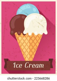 Ice cream retro poster background design in flat style.