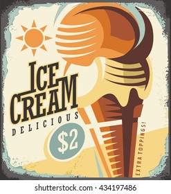 Ice cream retro poster design concept. Vintage tin sign with delicious ice cream in a cone. Vector summer illustration.