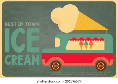 Ice Cream Retro Poster in Flat Design Style. Ice Cream Bus. Vector Illustration.