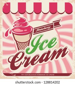 Ice cream retro poster. Vintage vector illustration sign. Background template with delicious homemade dessert.