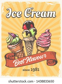 Ice cream retro poster. Vintage icecream cones paper placard, old fashion poster or flyer design with ice creams waffle frozen sweets for children advertising, vector illustration