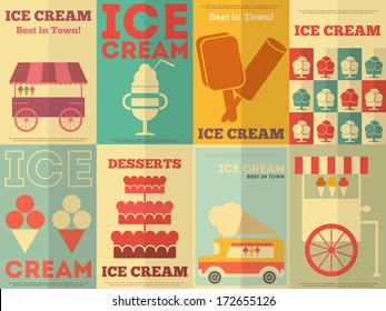 Ice Cream Retro Posters Collection in Flat Design Style. Vector Illustration. Sweet Dessert Set.