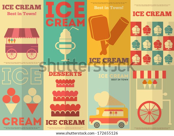 フラットデザインスタイルのアイスクリームレトロポスターコレクション ベクターイラスト 甘いデザートセット のベクター画像素材 ロイヤリティフリー
