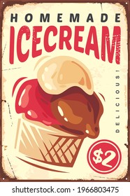 Ice cream retro sign. Vintage ice cream poster. Vector food illustration with homemade icecream.