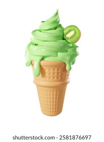 Ice cream Ripe kiwi fruit realistic vector. Kiwi fruits waffle crispy cone ice cream dessert isolated