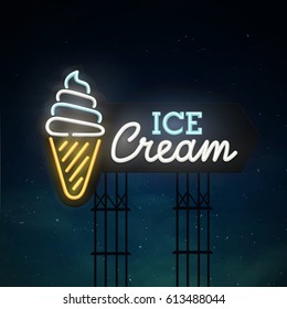 Ice cream road sing. City sign neon. Logo, emblem. Ice cream neon sign, bright signboard, light banner. 