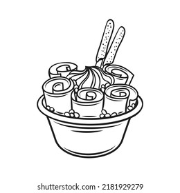 Ice cream rolls, chilled Thai summer dessert in basket outline icon vector illustration. Hand drawn line rolled frozen ice cream with waffles, cookies and chocolate topping, Asian street food