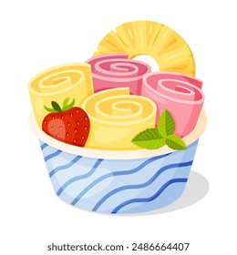 Ice cream rolls in paper basket. Pink and yellow rolls ice cream Strawberry and Pineapple Dessert sweet snack with fruits. Thai ice cream rolls with. Hand drawn flat style Isolated Vector illustration