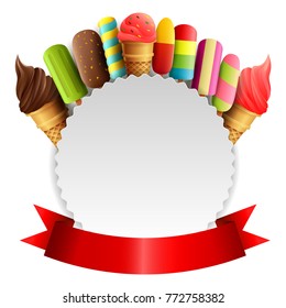 ice cream with round frame and red ribbon