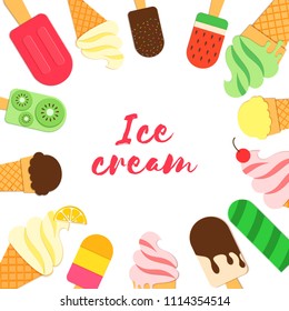 Ice cream round frame of tasty bright icecream stick and cones summer on white background for package design, promotion flyer, T-shirt printing. Vector card illustration in papercutting art style.