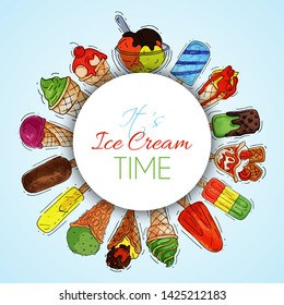 Ice cream round pattern summer natural fresh and cold sweet food vector illustration. Healthy homemade tasty dairy cone delicious strawberry vanilla gelato frozen icecream. Dessert fruit cool product.