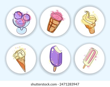 Ice cream round stickers icons emblems set. Different types of ice cream hand drawn design. Delicious frozen dessert. Vector illustration. Delicious menu collection