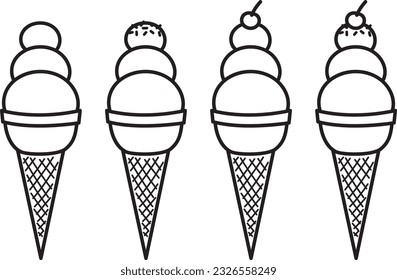 Ice cream round sugar cone 1 scoop with cherry and sprinkles topping separated isolated line art outline. Vector illustration on white background. Cute simple plain minimalist style. Sticker