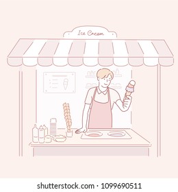 Ice cream sales staff. hand drawn style vector doodle design illustrations.