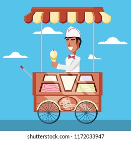 ice cream salesman in cart kiosk character