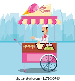 ice cream salesman in cart kiosk character