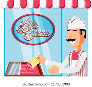 ice cream salesman with flavors dispenser character
