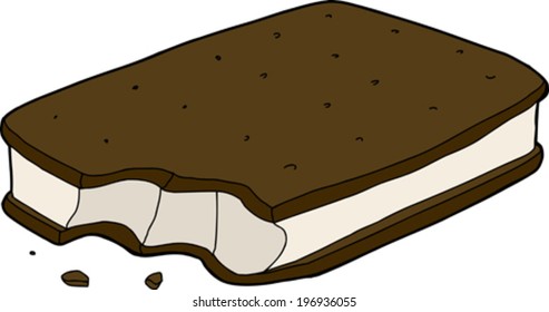 Ice cream sandwich with bite mark and crumbs