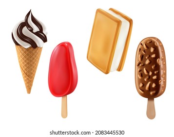 Ice cream sandwich, chocolate waffle cone, fruit ice and eskimo with glaze 3d vector sweet food and summer dessert. Isolated vanilla ice cream, strawberry sorbet and frozen yogurt sticks