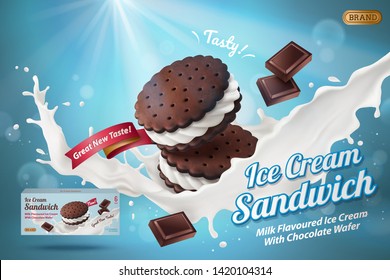 Ice cream sandwich cookie ads with splashing milk and chocolate in 3d illustration, bokeh background